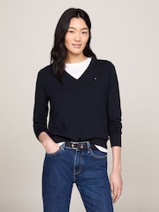 Azul - Tommy Hilfiger Jersey Stitch V-Neck Dress - Imagen 1 de 7