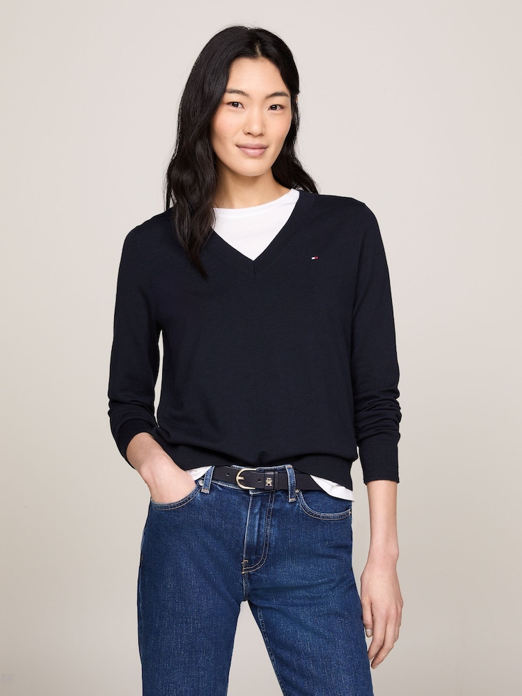 Azul - Tommy Hilfiger Jersey Stitch V-Neck Dress - Imagen 1 de 7