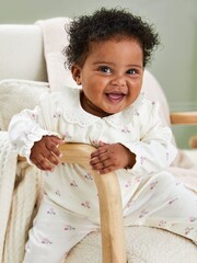 JoJo Maman Bébé White Floral Pretty Printed Collar Sleepsuit - Image 1 of 7