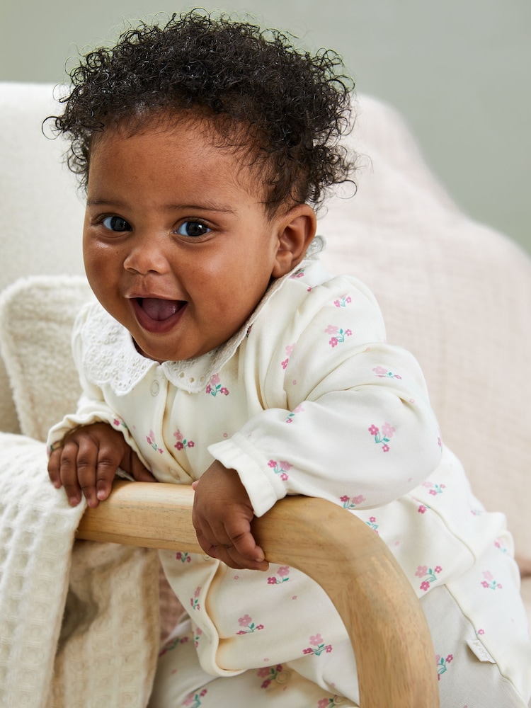 JoJo Maman Bébé White Floral Pretty Printed Collar Sleepsuit - Image 2 of 7