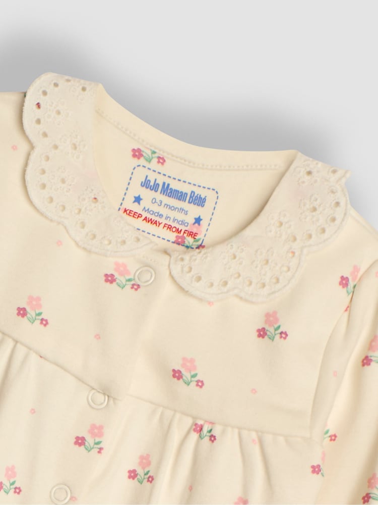 JoJo Maman Bébé White Floral Pretty Printed Collar Sleepsuit - Image 7 of 7