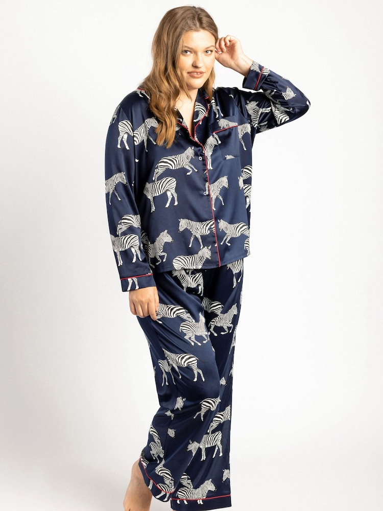 Chelsea Peers Blue Curve Satin Zebra Print Long Pyjama Set - Image 1 of 5