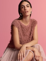 Pink Short Sleeve Fluffy Top - Image 1 of 7