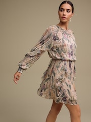 Blush Pink Floral Long Sleeve Ruffle Detail Mini Dress - Image 1 of 8