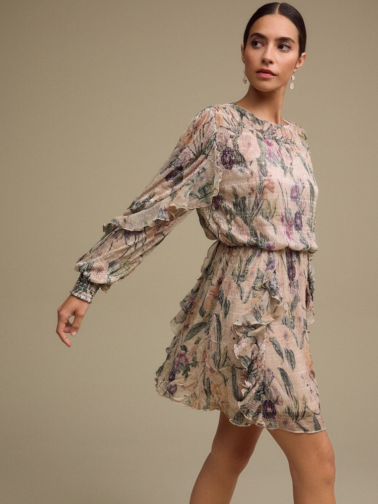 Blush Pink Floral Long Sleeve Ruffle Detail Mini Dress - Image 1 of 8