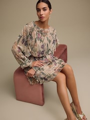 Blush Pink Floral Long Sleeve Ruffle Detail Mini Dress - Image 2 of 8