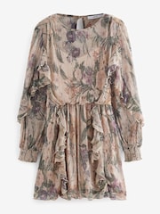 Blush Pink Floral Long Sleeve Ruffle Detail Mini Dress - Image 4 of 8