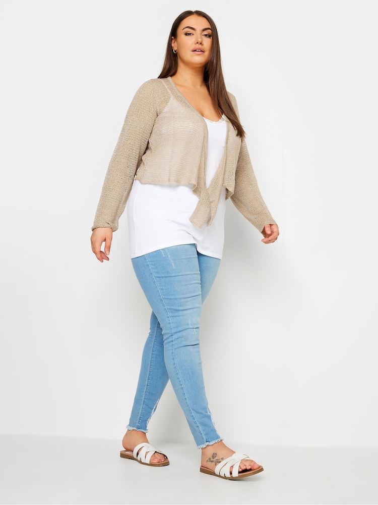 Yours Curve Natural Honeycomb Tie Front Shrug Cardigan - Image 2 of 6