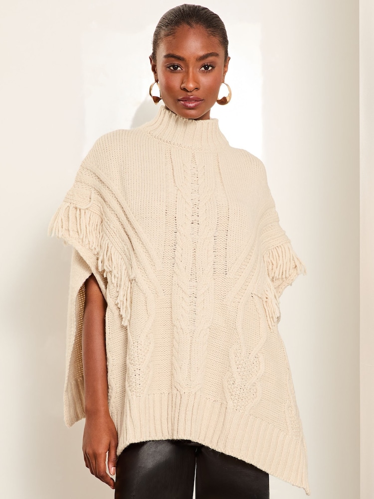 Lipsy Cream Cosy Knitted Tassel Poncho - Image 1 of 4