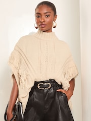 Lipsy Cream Cosy Knitted Tassel Poncho - Image 2 of 4