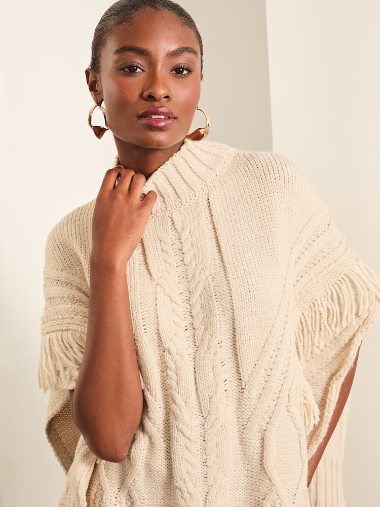 Lipsy Cream Cosy Knitted Tassel Poncho - Image 4 of 4
