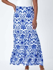 Roman Blue Ornate Print Frilled Maxi Skirt - Image 4 of 5