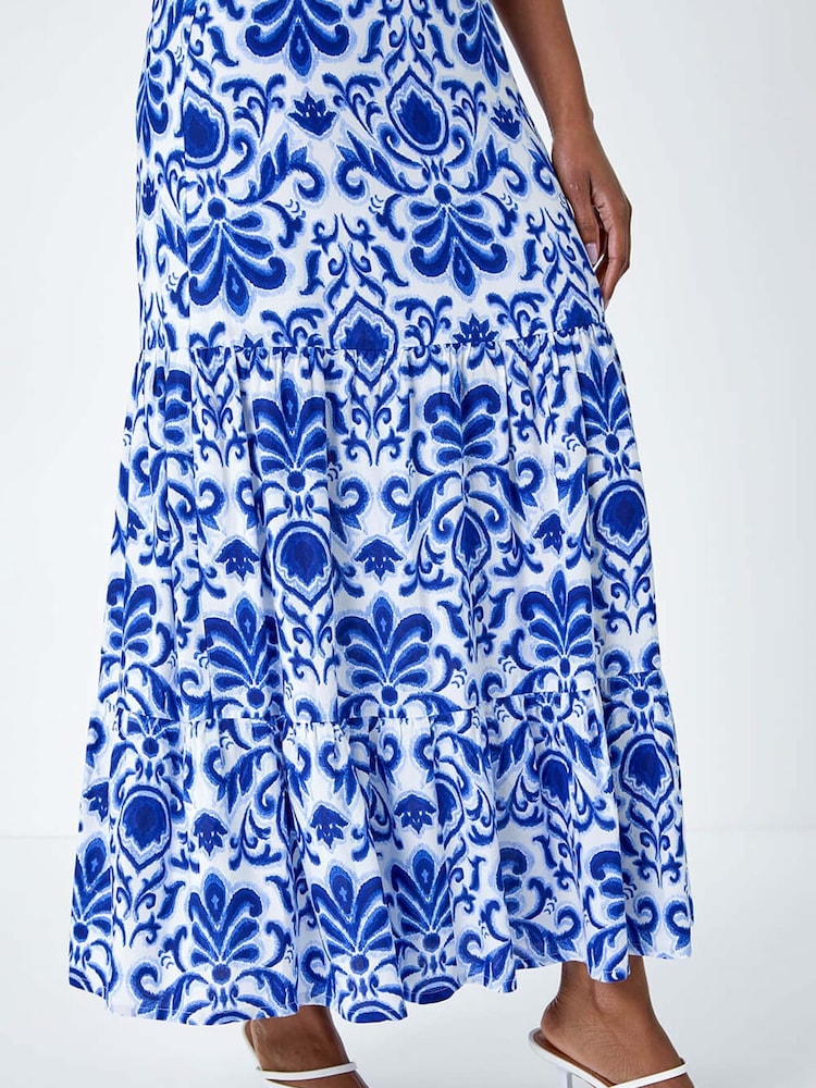 Roman Blue Ornate Print Frilled Maxi Skirt - Image 5 of 5