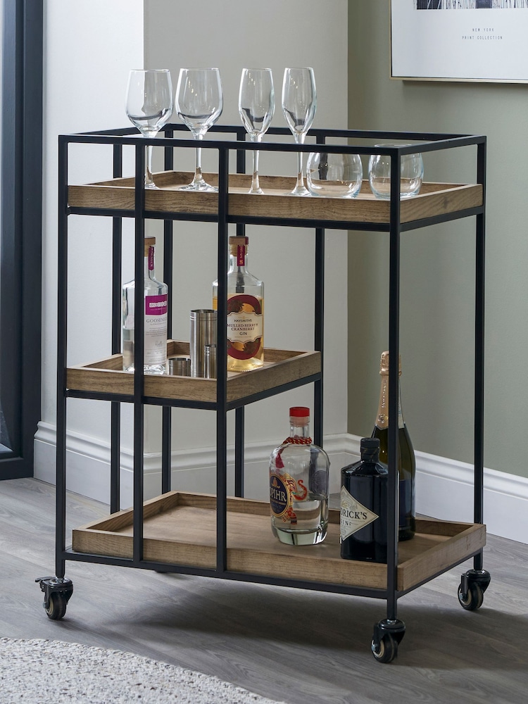 Pacific Natural Brown Wood Veneer and Metal Bar Trolley - Image 1 of 6
