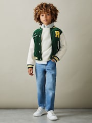 Reiss Forest Green Ward 3-9 yrs Hybrid Cord-Faux Leather Varsity Bomber Jacket - Image 1 of 5