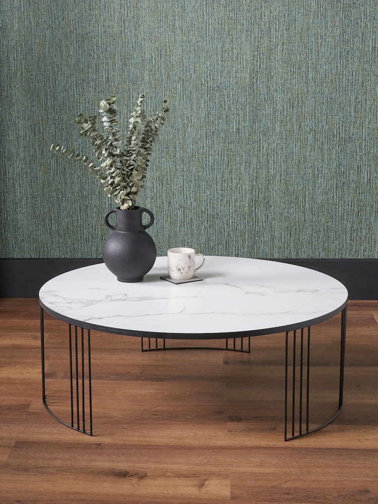 Pacific White and Black Marble Veneer Round Coffee Table - Image 1 of 6