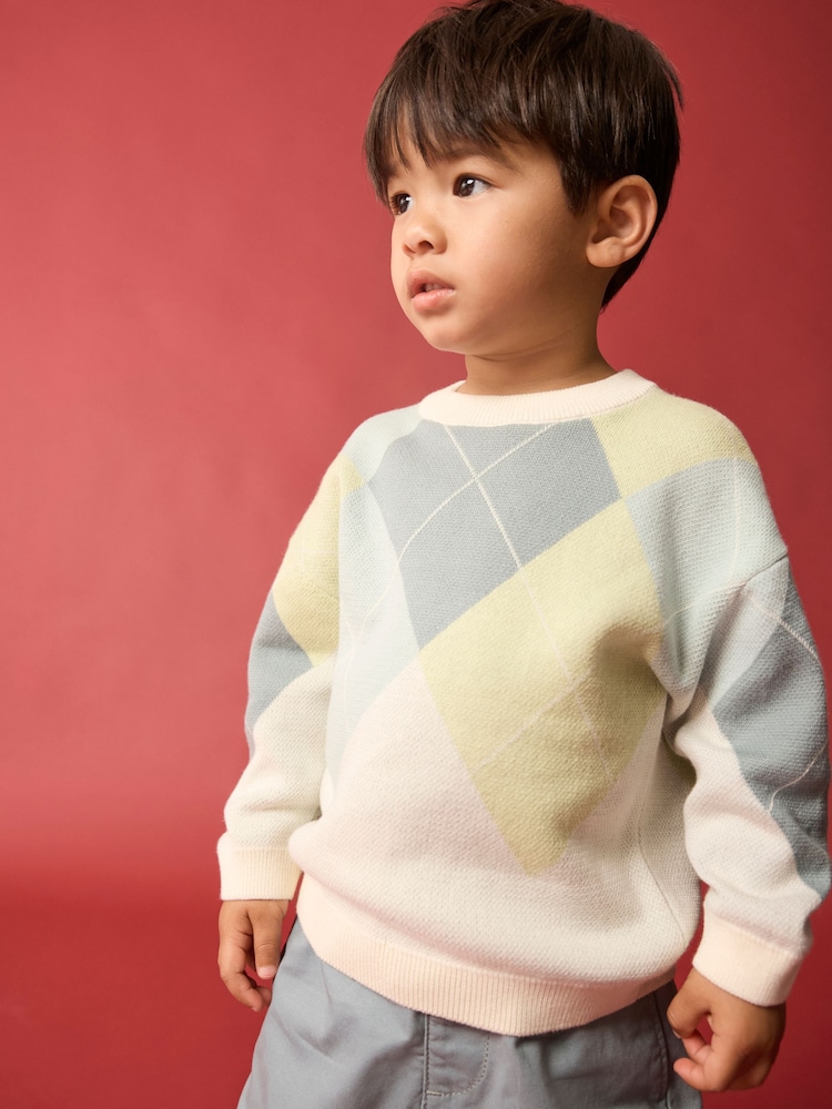 Green/Blue Argyle Knitted Crew Neck 100% Cotton Jumper (3mths-7yrs) - Image 1 of 8