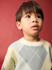 Green/Blue Argyle Knitted Crew Neck 100% Cotton Jumper (3mths-7yrs) - Image 4 of 8