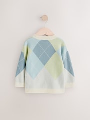 Green/Blue Argyle Knitted Crew Neck 100% Cotton Jumper (3mths-7yrs) - Image 5 of 8