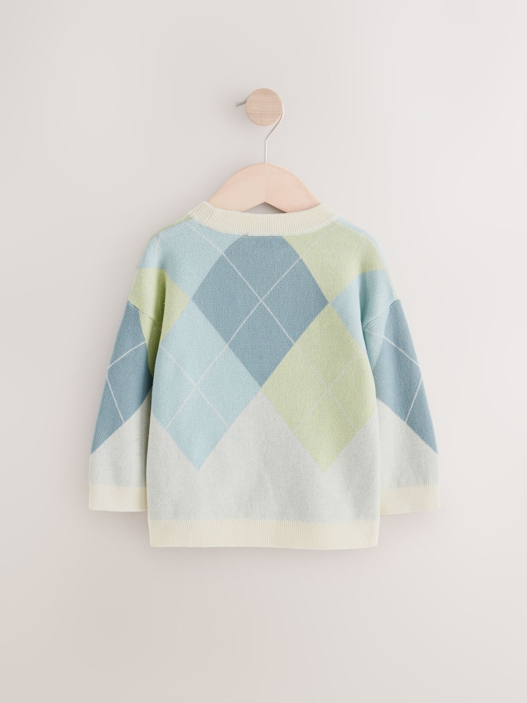 Green/Blue Argyle Knitted Crew Neck 100% Cotton Jumper (3mths-7yrs) - Image 5 of 8