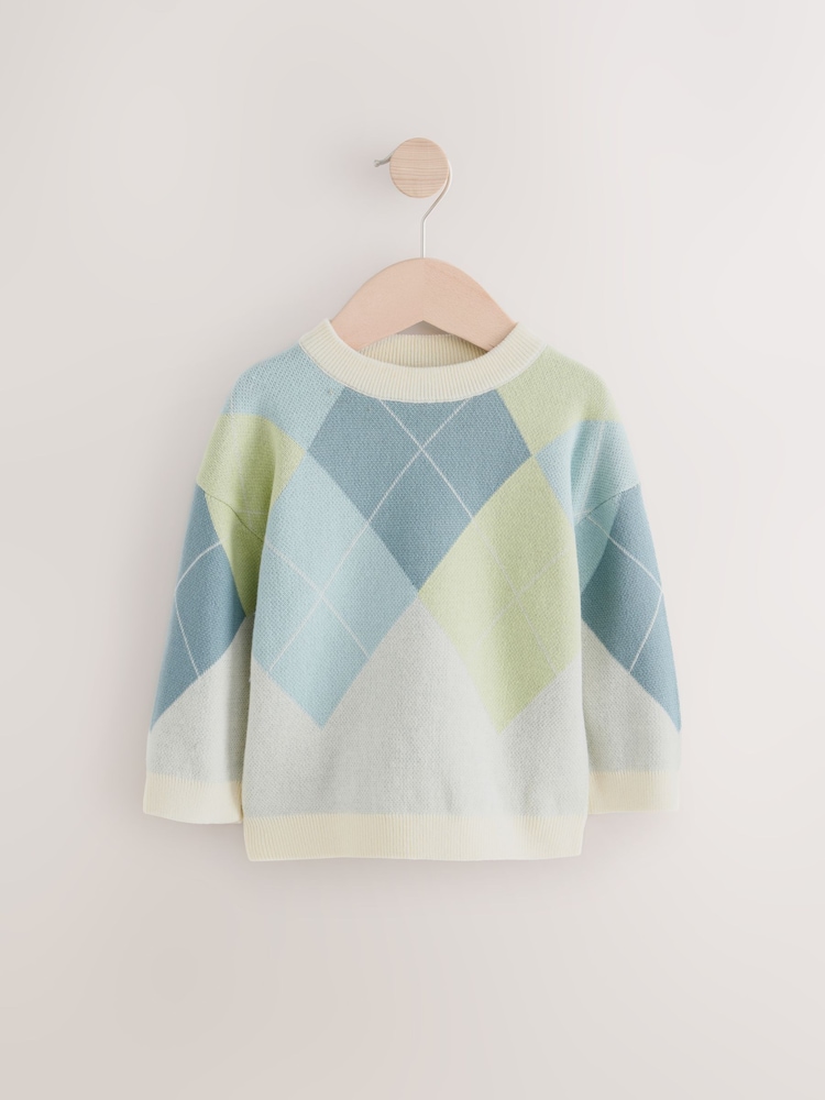 Green/Blue Argyle Knitted Crew Neck 100% Cotton Jumper (3mths-7yrs) - Image 6 of 8