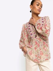 River Island Cream Floral Embroidered Smock Top - Image 1 of 4
