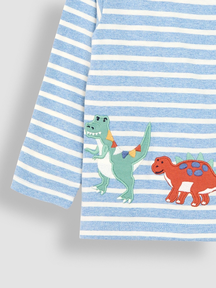 JoJo Maman Bébé Blue Ecru Stripe Dinosaur Appliqué Border Top - Image 3 of 3