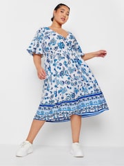 Yours Curve Blue Limited Border Puff Sleeve Midaxi Dress - Image 1 of 5