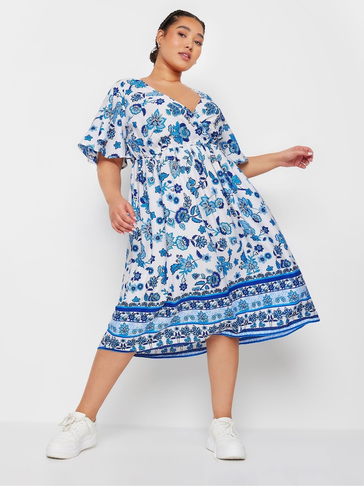 Yours Curve Blue Limited Border Puff Sleeve Midaxi Dress - Image 1 of 5