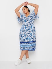 Yours Curve Blue Limited Border Puff Sleeve Midaxi Dress - Image 2 of 5