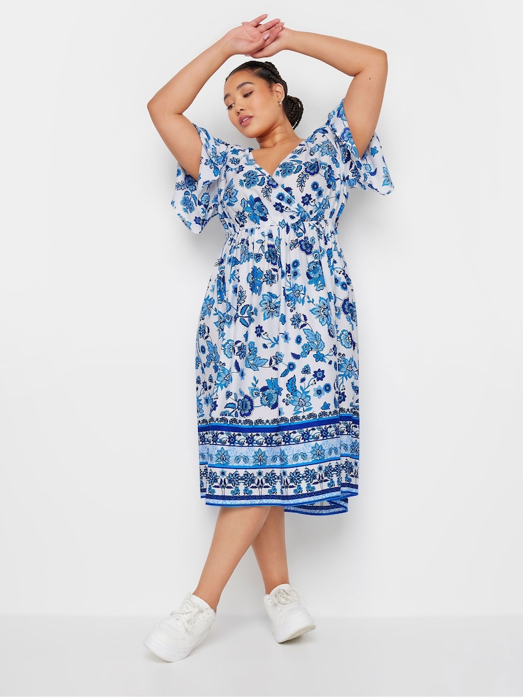Yours Curve Blue Limited Border Puff Sleeve Midaxi Dress - Image 2 of 5