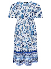 Yours Curve Blue Limited Border Puff Sleeve Midaxi Dress - Image 5 of 5