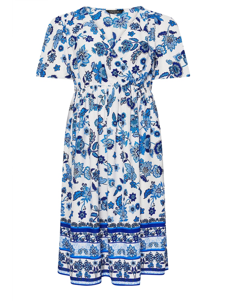 Yours Curve Blue Limited Border Puff Sleeve Midaxi Dress - Image 5 of 5