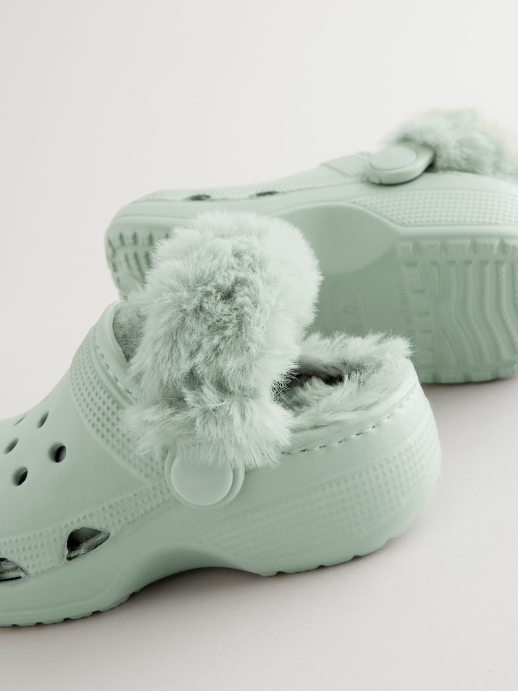 Sage Green Faux Fur Lined Clog Slippers - Image 3 of 5