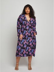 Chi Chi London Black Long Sleeve V-Neck Floral Midi Dress - Image 1 of 4