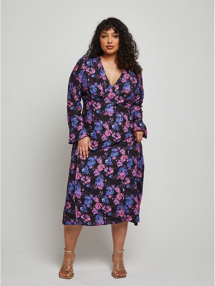 Chi Chi London Black Long Sleeve V-Neck Floral Midi Dress - Image 1 of 4