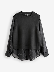 Black Sparkle Sequin Shirt Layer Knitted Jumper - Image 7 of 9