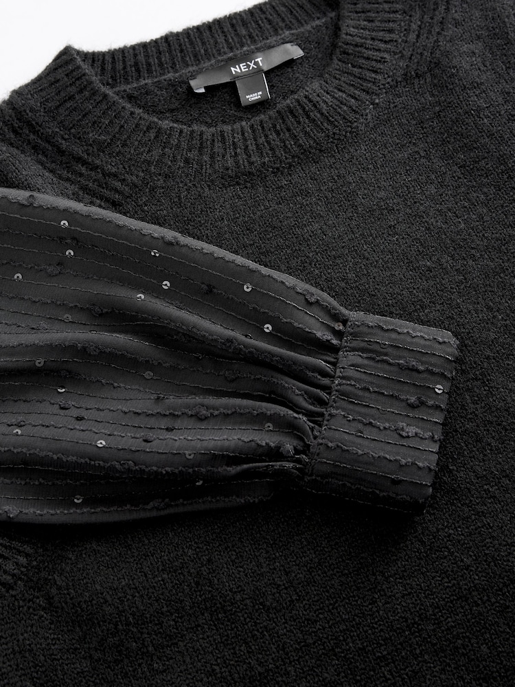 Black Sparkle Sequin Shirt Layer Knitted Jumper - Image 9 of 9