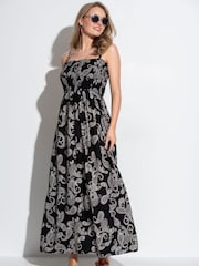Pour Moi Black Paisley Strapless Shirred Bodice Woven Maxi Beach Dress - Image 1 of 4