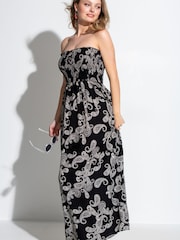 Pour Moi Black Paisley Strapless Shirred Bodice Woven Maxi Beach Dress - Image 1 of 4