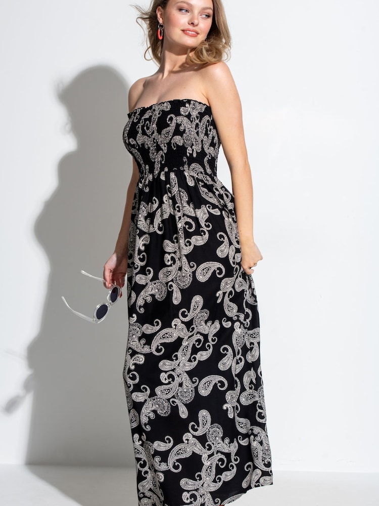 Pour Moi Black Paisley Strapless Shirred Bodice Woven Maxi Beach Dress - Image 1 of 4