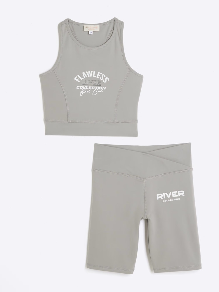 River Island Grey Girls 100% Cotton Active Graphic Tank Set - Image 1 of 4