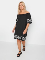 Yours Curve Black 100% Cotton Embroidered Bardot Dress - Image 1 of 5