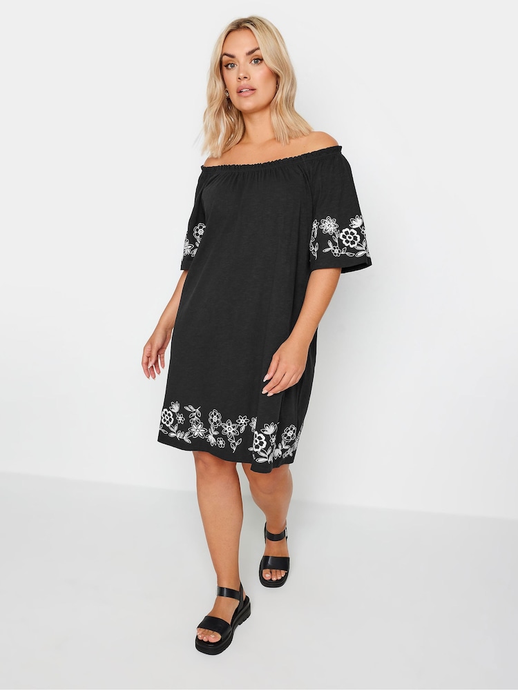 Yours Curve Black 100% Cotton Embroidered Bardot Dress - Image 1 of 5