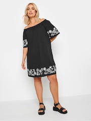Yours Curve Black 100% Cotton Embroidered Bardot Dress - Image 2 of 5