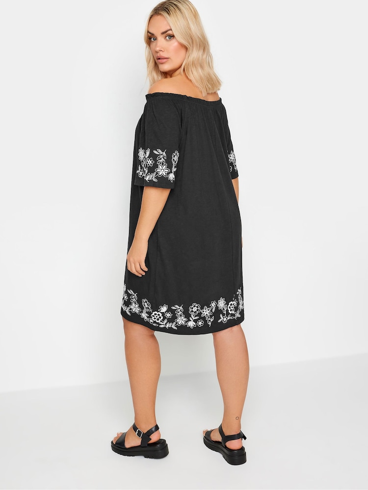 Yours Curve Black 100% Cotton Embroidered Bardot Dress - Image 3 of 5
