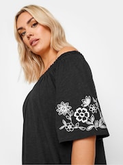 Yours Curve Black 100% Cotton Embroidered Bardot Dress - Image 4 of 5