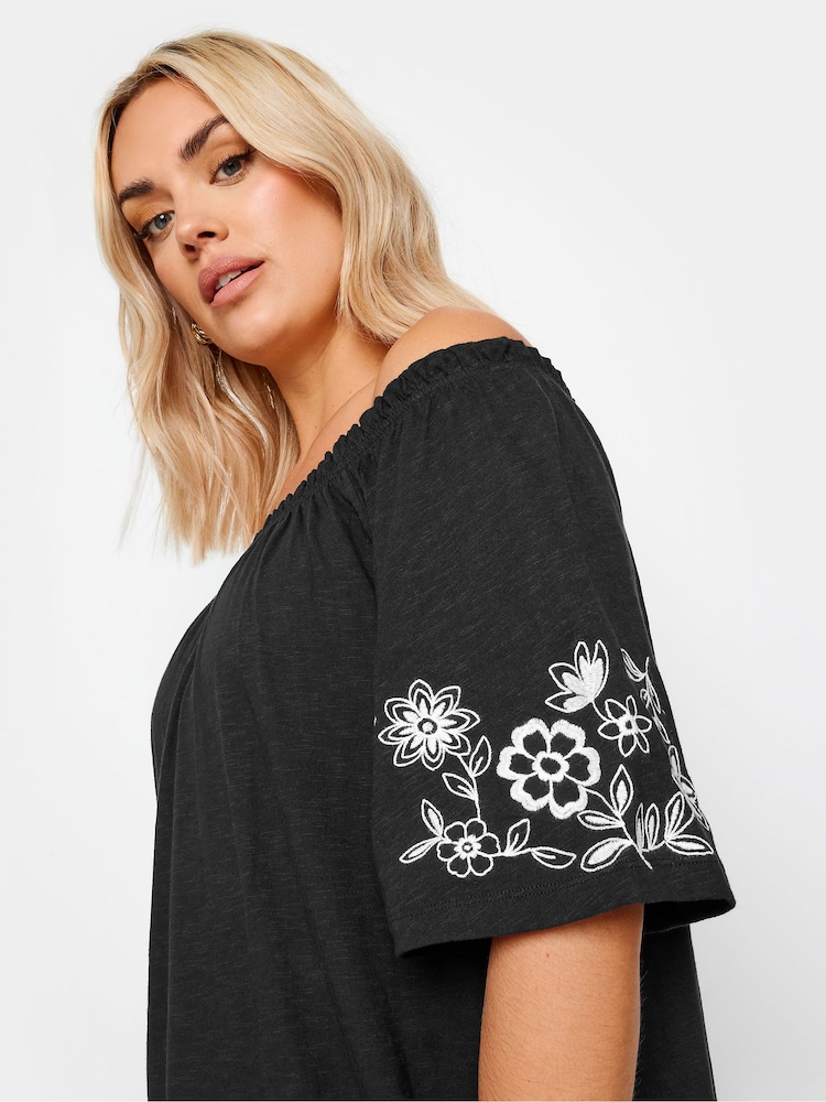 Yours Curve Black 100% Cotton Embroidered Bardot Dress - Image 4 of 5