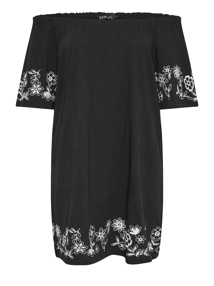 Yours Curve Black 100% Cotton Embroidered Bardot Dress - Image 5 of 5 Yours Curve Black 100% Cotton Embroidered Bardot Dress - Image 5 of 5