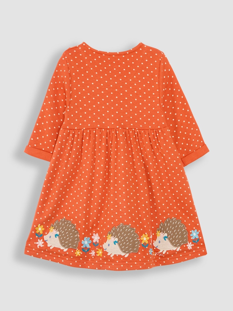 JoJo Maman Bébé Rust Orange Hedgehog Appliqué Button Front Dress - Image 2 of 3